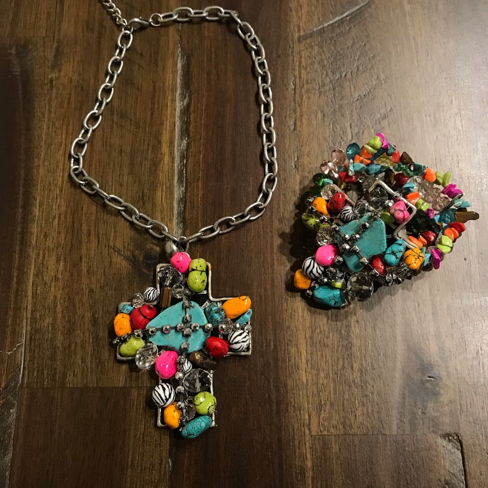 Multi colored cross necklace and bracelet